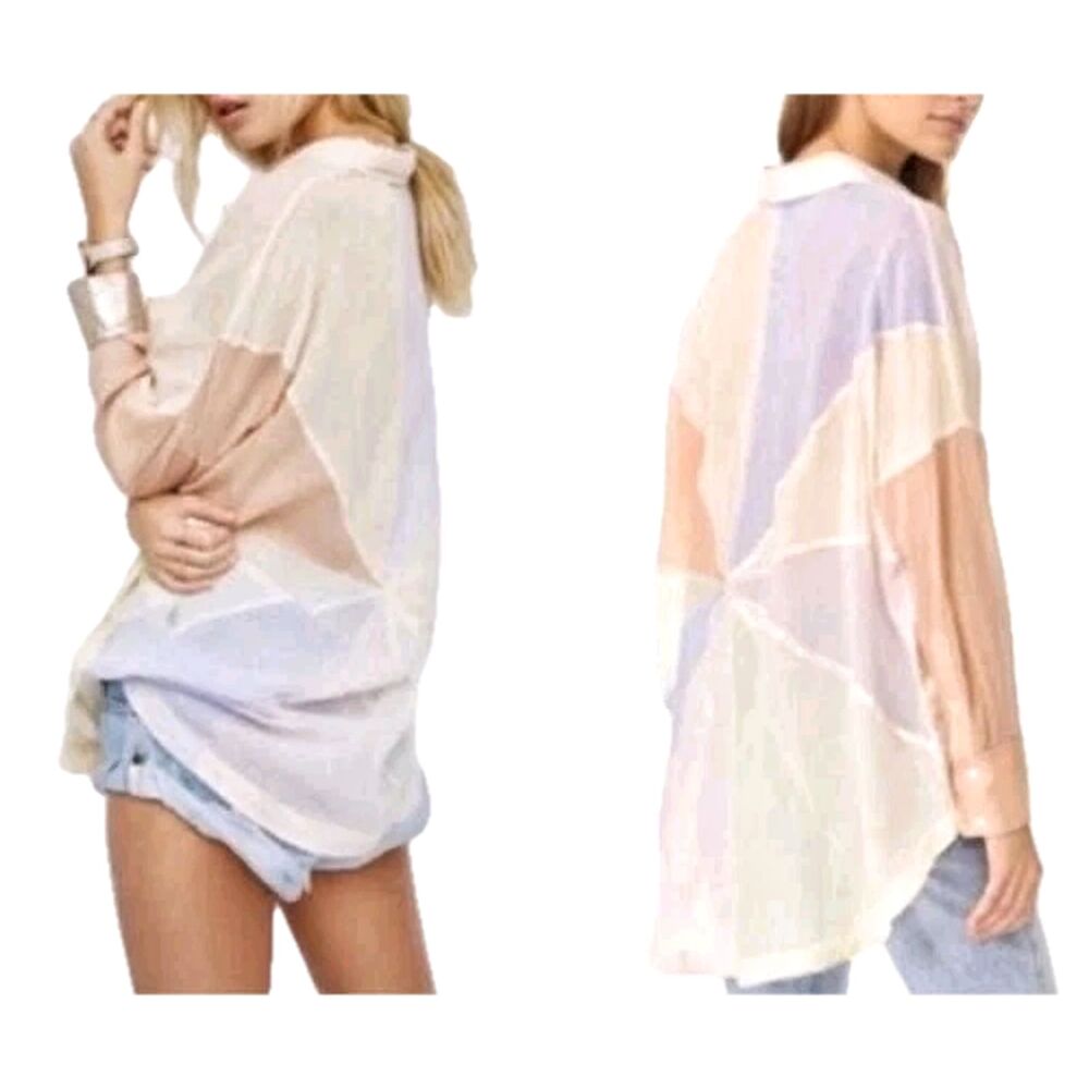 FREE PEOPLE Gauzey Cotton Multi Color Pin Wheel Button Up Resort Shirt, Sz. M/L